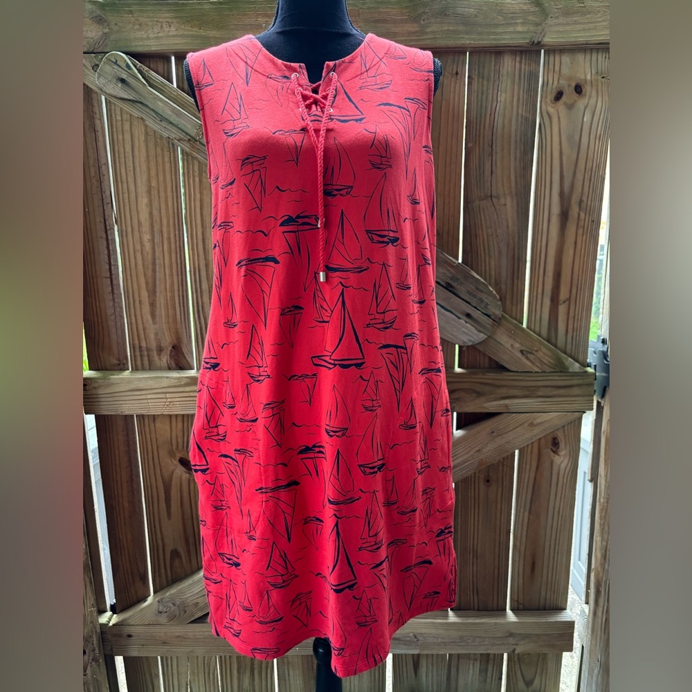 D & Co. Beach Red Scoop Lace Up Neckline Pool Cover-up Dress Black Sailboats M